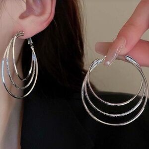 Silver Triple Hoop Dangle Earrings - Women Jewelry